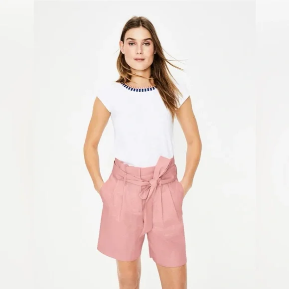 Classic Boden St Ives Linen Paper Bag Shorts Size 12  Pink Belted Pockets - Picture 2 of 5